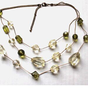 Vintage Faceted 3-Strand Necklace Crystal Green Clear Chunky Beads